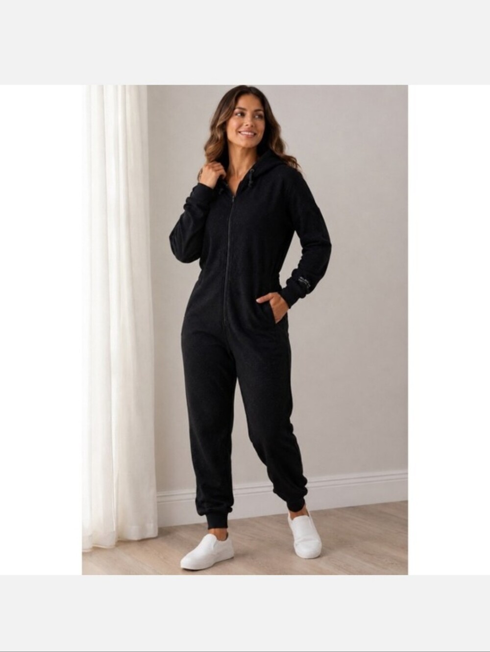 Fabletics Luxe 360 Hooded Cozy Fleece One-Piece Jumpsuit in Black Sparkles Small